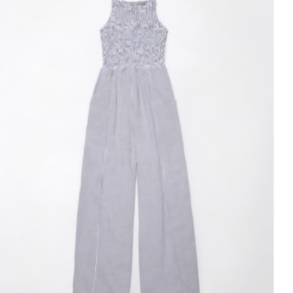 American Eagle Outfitters White and Gray Striped Smocked Jumpsuit
